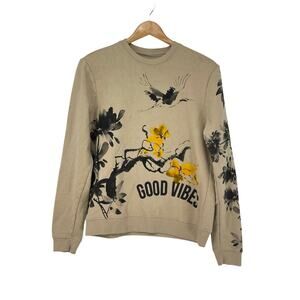 Blind Rooster Crewneck‎ Sweatshirt Good Vibes Tan Beige Floral Size Small Urban